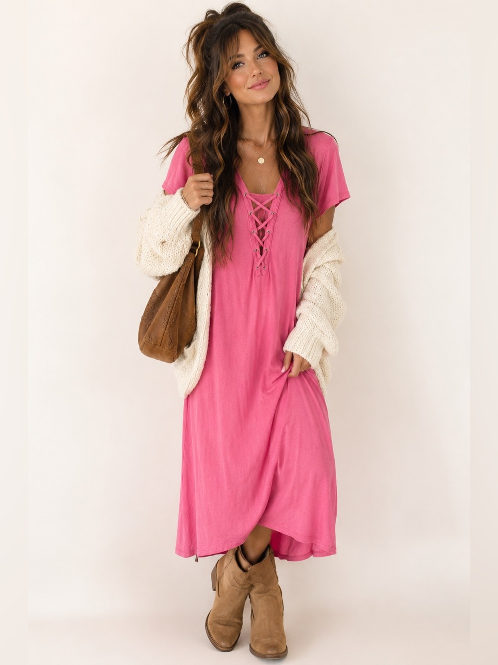 Lace Up Short Sleeve Shift Midi Dress | Pink | Size XLarge - Picture 1 of 5